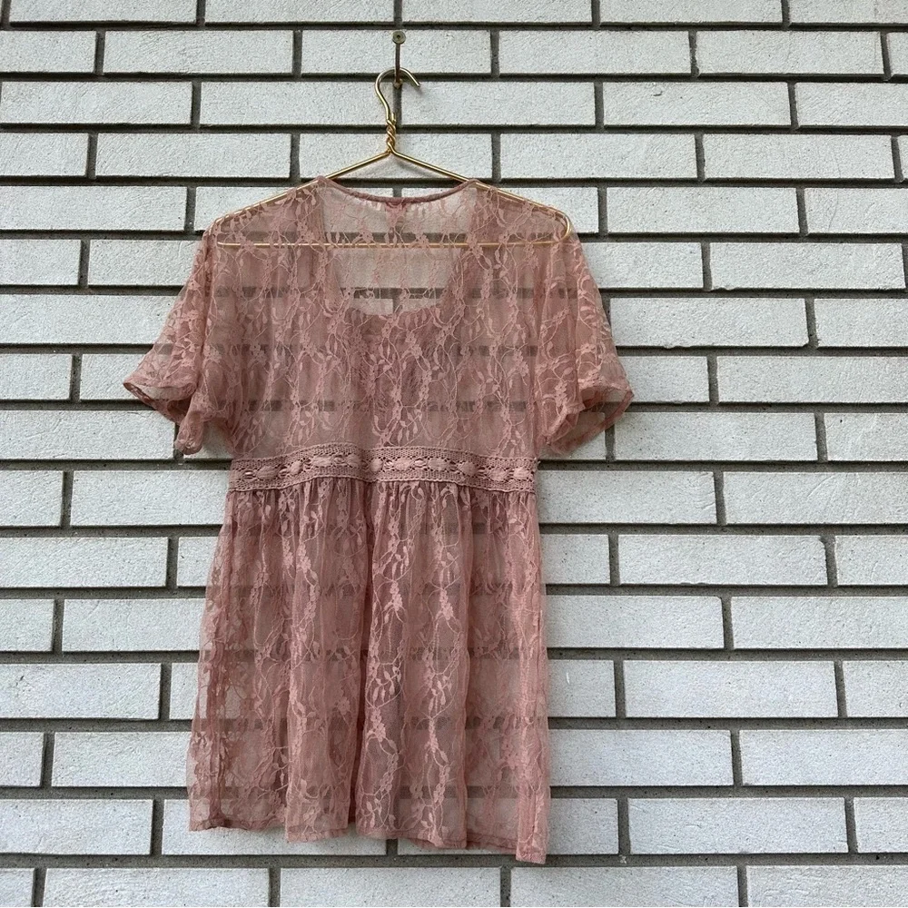 Sundance Sheer Lace Boho Top XS Mauve Rose Pink Crochet Trim Ribbon Romantic